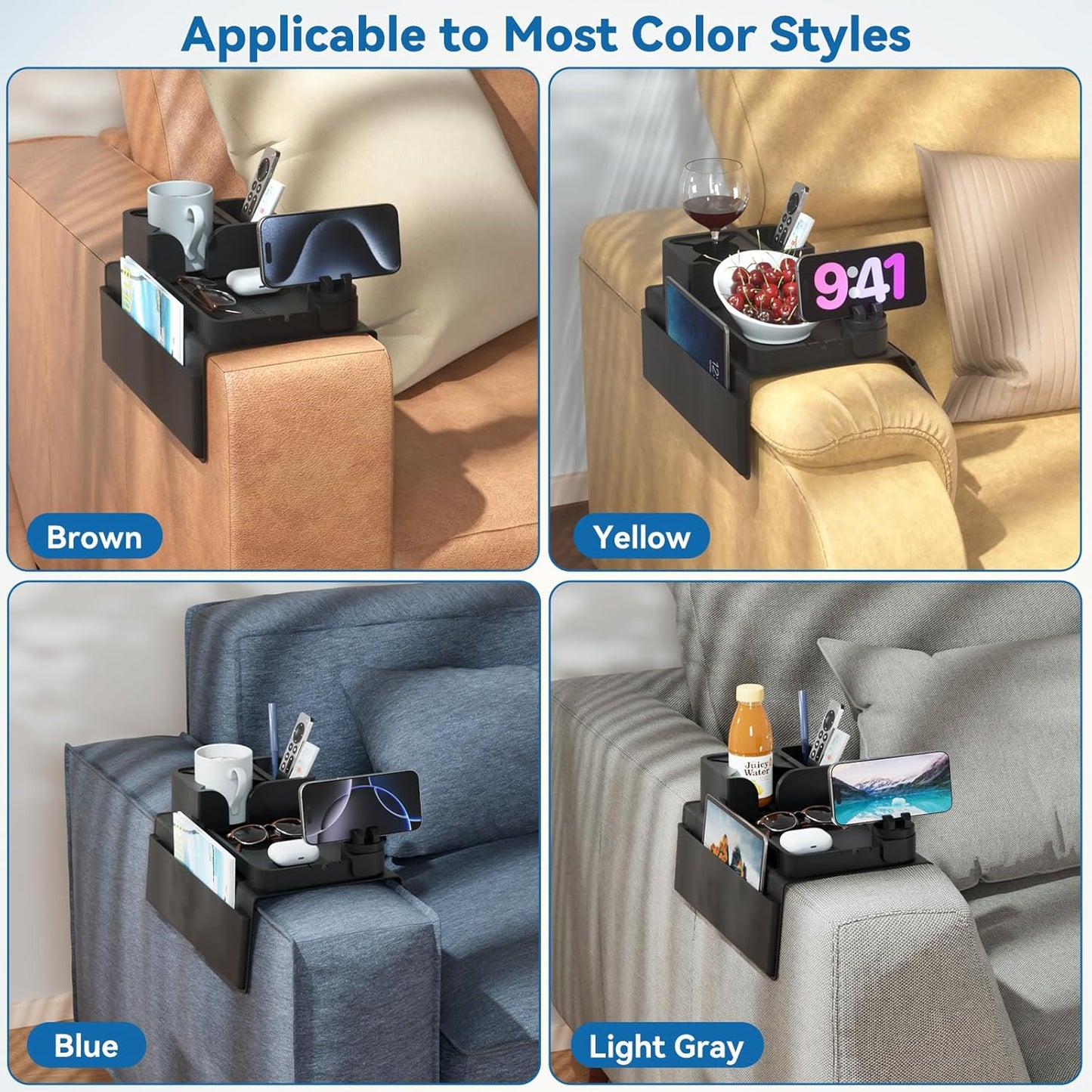 Couch Arm Cup Holder CLESOO Couch Arm Tray Anti-Slip Couch Cup Holder Silicone Sofa Armrest Tray Dual Side Pocket Couch Drink Holder Sofa Caddy Arm Remote Holder Snack Caddy with Phone Holder Blue