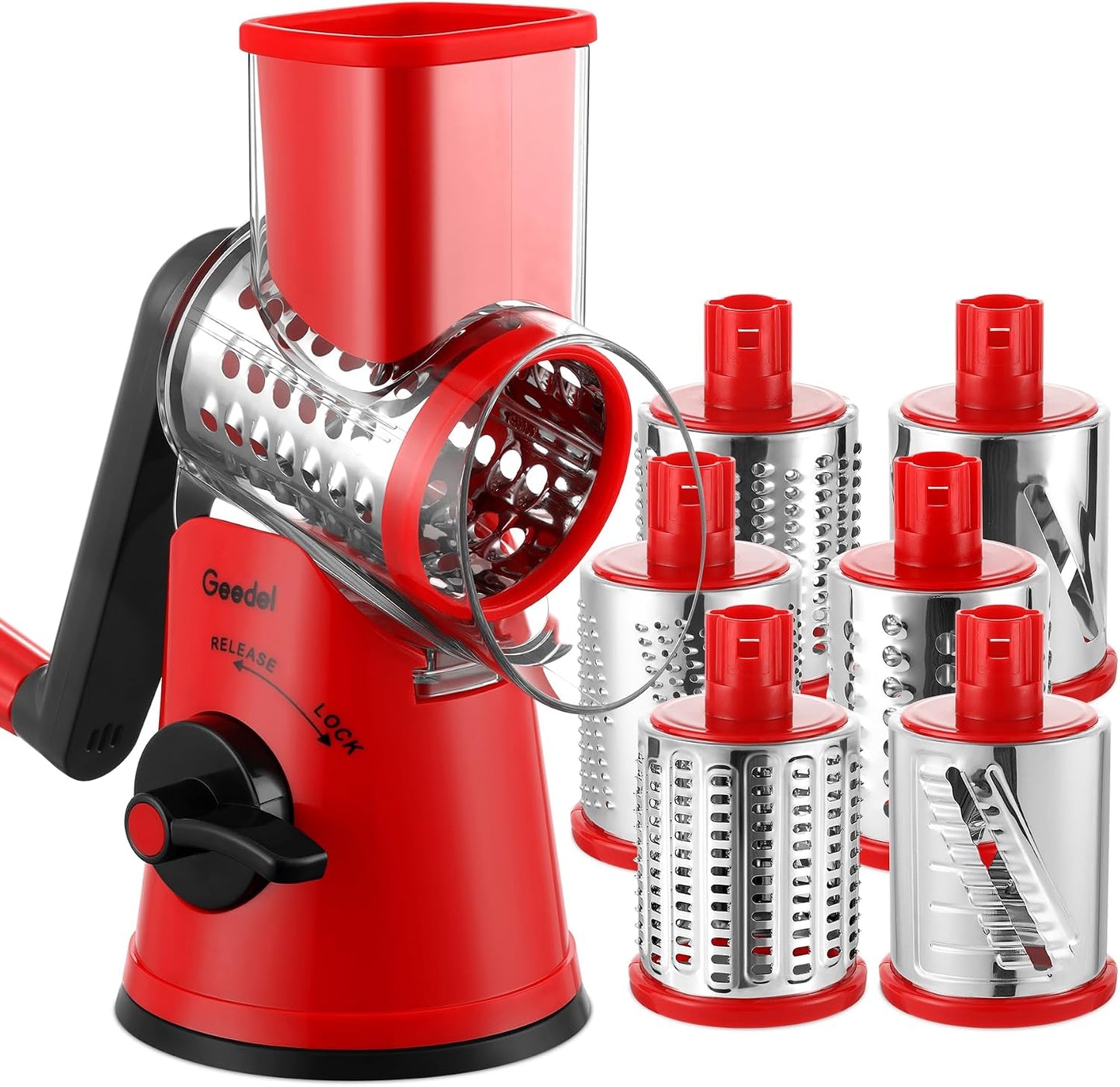 Geedel Rotary Cheese Grater, Kitchen Mandoline Vegetable Slicer with 3 Interchangeable Blades, Easy to Clean Rotary Grater Slicer for Fruit, Vegetables, Nuts | 3 Blades, 430 Stainless Steel, 12x Fast Cutting, Strong Suction Base, No BPA, Dishwasher Safe,