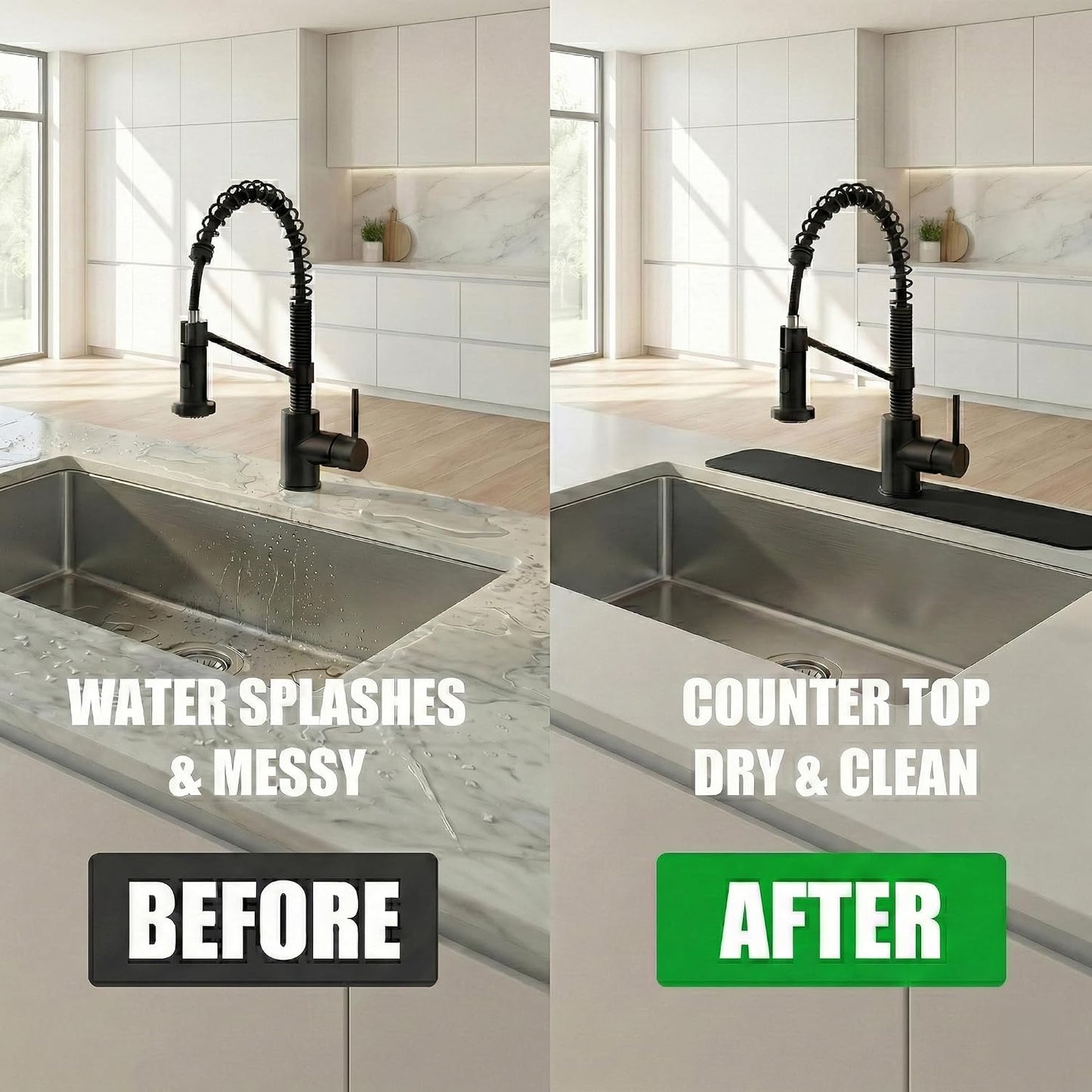 33 Lx5.5 W Long Kitchen Sink Faucet Mat: Customizable Black Splash Guard with Pre-Cut Center Hole for Large Double bowl Sink, DIY to Fits irregular & 2, 3, 4 hole sinks with Soap Dispenser & Air Gap