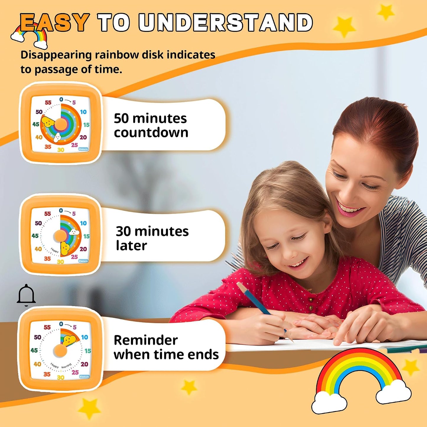 Visual Timer for Kids 60 Minute, Rainbow Countdown Clock with Silent Operation & Adjustable Alarm, Time Management Tool for Classroom, Kitchen, Toddler ADHD, Autism, Study, Pomodoro