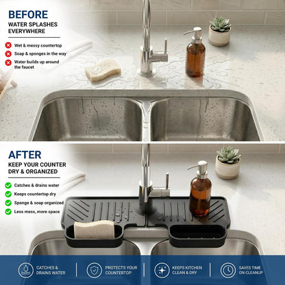 Silicone Faucet Splash Guard Mat 2 Pack – Single Hole, Black & Gray | Fast-Drying Sink Counter Protector & Drain Tray for Kitchen & Bathroom Faucets – BPA-Free, Hand Wash or Dishwasher Safe