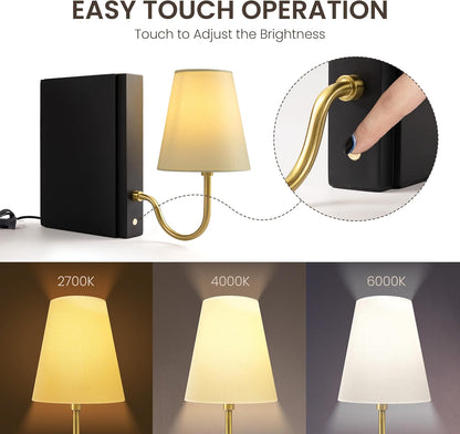 AELS Solid Wood Bookshelf Lamp with Bulb, Cordless Rechargeable Touch Dimmable Table Lamp with Linen Fabric Shade, Modern Decorative Bookend Lamp for Bedroom, Office & Bookshelf Decor, Dark Brown