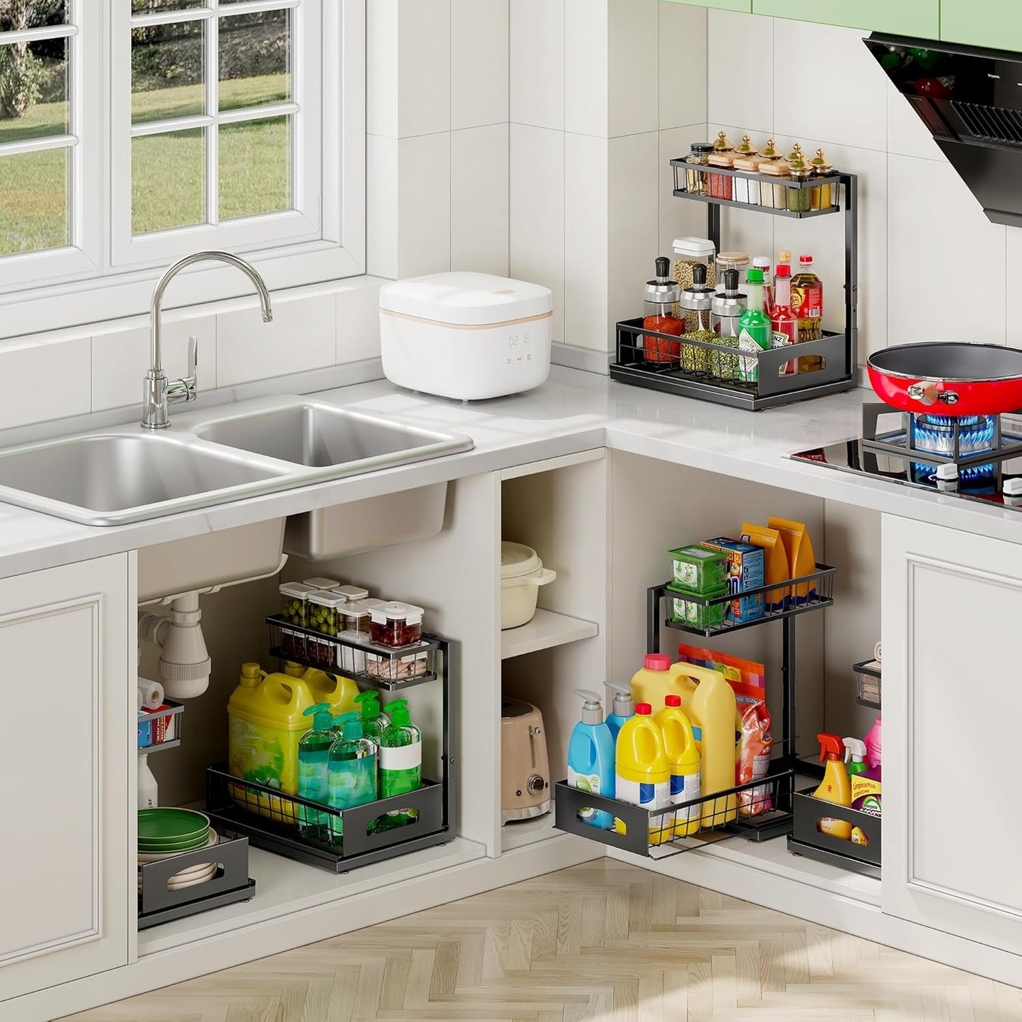Under Sink Organizer, 2-Pack L-Shaped Metal Pull-Out Drawers for Kitchen | Cabinet Organizer Height Adjustable Heavy Duty Metal 2-Tier Storage Fits Beside Common Pipes for Bathroom Pantry
