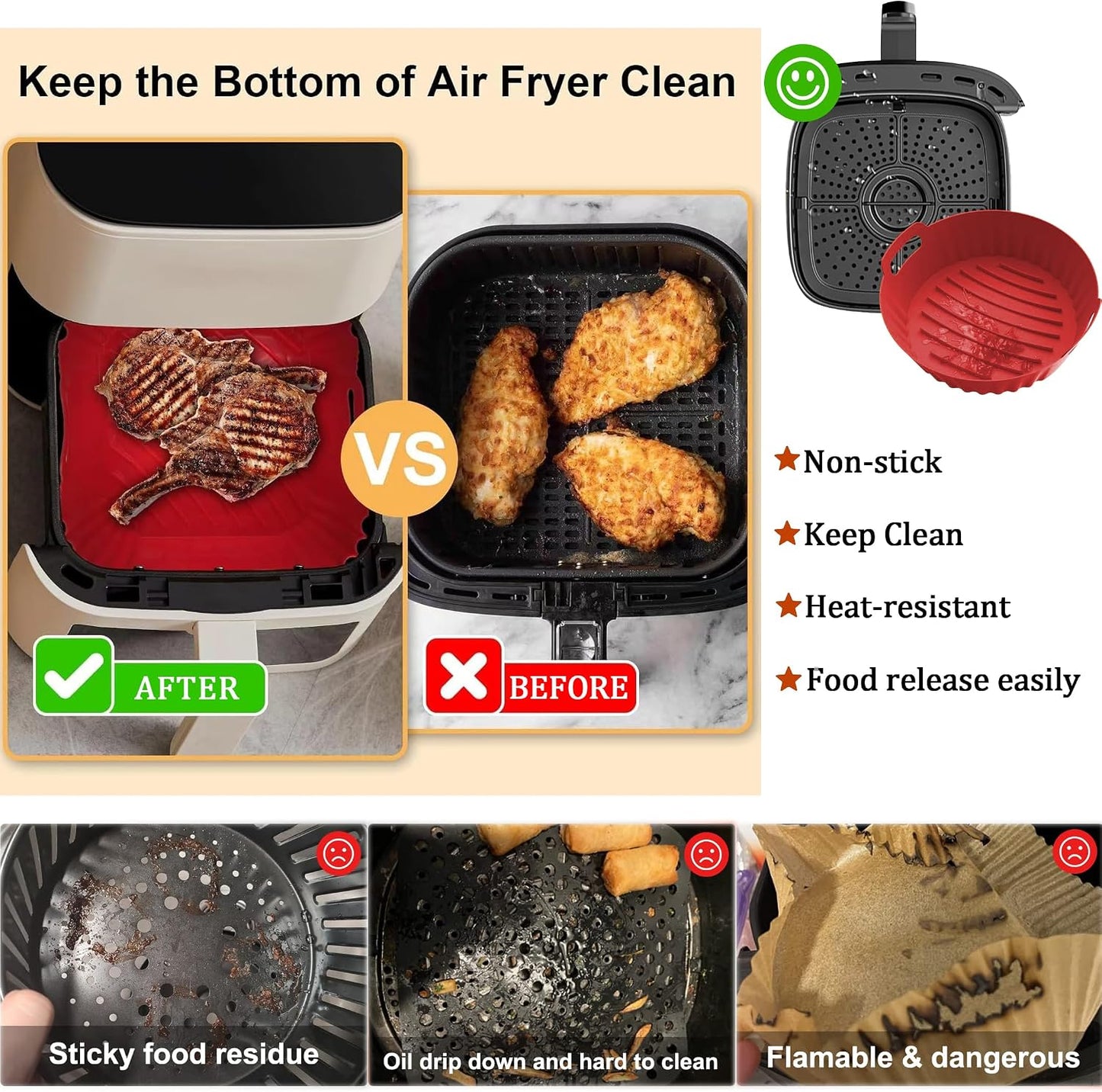 2Pcs Silicone Air Fryer Liners Reusable Square Thickened Airfryer Basket for 4 to 7 QT Baking Tray Accessories Kitchen Gadgets Replacement of Flammable Disposable Parchment Paper