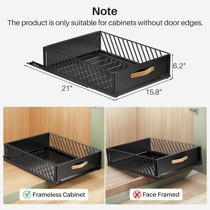 Pull out Cabinet Organizer,Heavy Duty Slide out Pantry Shelves Drawer Storage with Adhesive Nano Film,Sliding Mesh Cabinet Basket with Handle for Kitchen, Bathroom, Home, 11.8"W X 15.7"D X6.2"H,Black