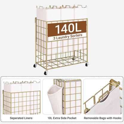 90L Laundry Basket with Wheels, Large Capacity Laundry Hamper with Removable Liner Bags, Heavy Duty Laundry Sorter with Solid Wood Lid & Leather Handles, Grey