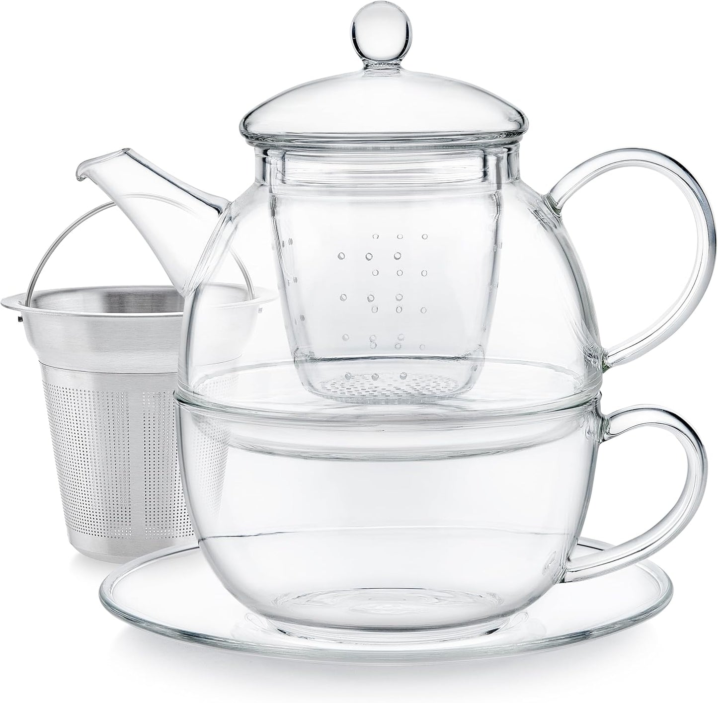 Teabloom Mindful Tea-for-One Set – 5-Piece Glass Teapot, Matching Cup & Saucer, Borosilicate & Stainless Steel Infusers, Elegant Gift for Personal Tea Rituals