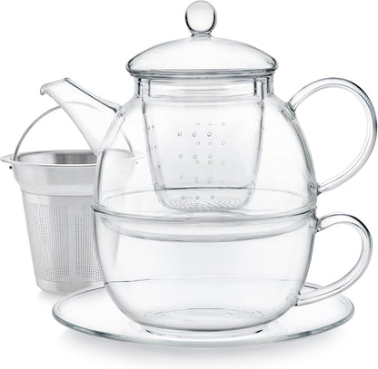 Teabloom Mindful Tea-for-One Set – 5-Piece Glass Teapot, Matching Cup & Saucer, Borosilicate & Stainless Steel Infusers, Elegant Gift for Personal Tea Rituals