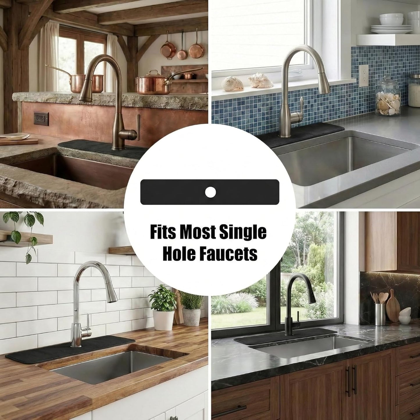 33 Lx5.5 W Long Kitchen Sink Faucet Mat: Customizable Black Splash Guard with Pre-Cut Center Hole for Large Double bowl Sink, DIY to Fits irregular & 2, 3, 4 hole sinks with Soap Dispenser & Air Gap