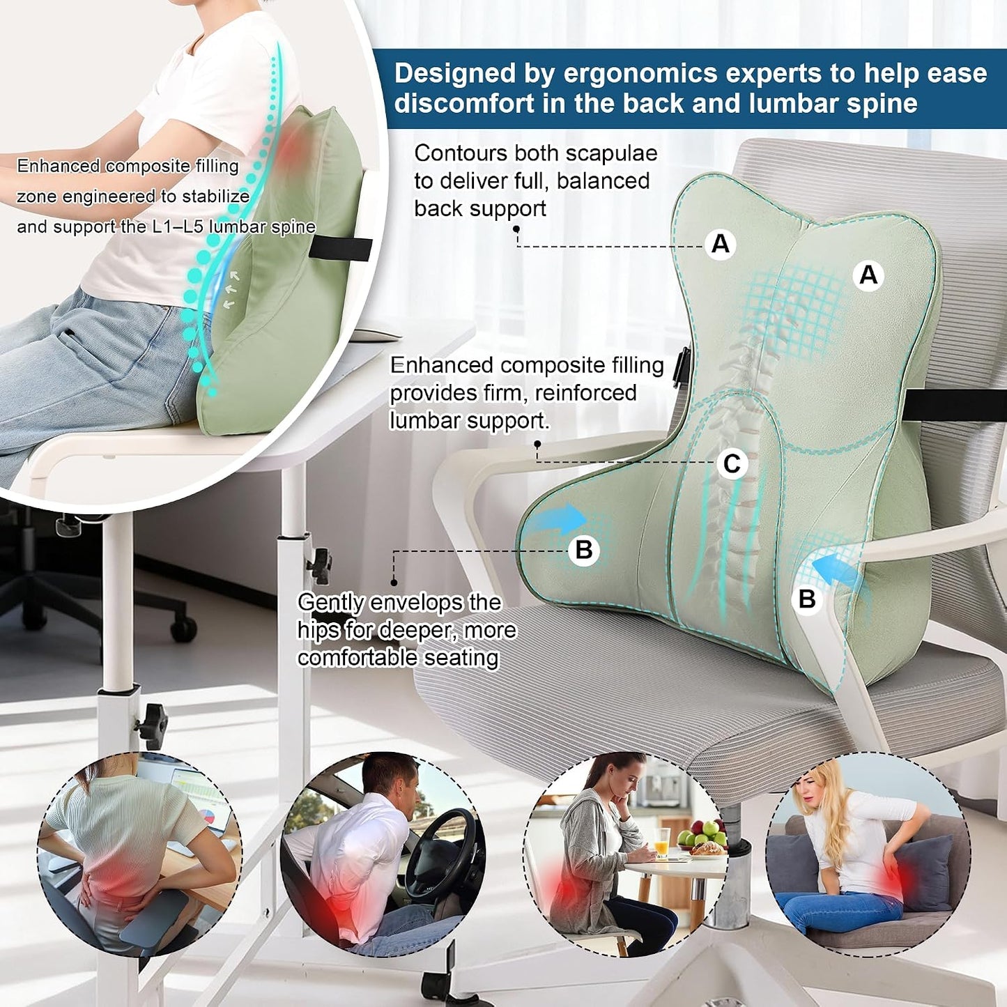 Lumbar Support Pillow(Pat. Pend) – Multi-Functional Ergonomic Back Cushion for Sofa Chair, Car Seat & Sofa, Reading Pillow with Firm Multi-Zone Support to Relieve Lower Back Pain, Misty White