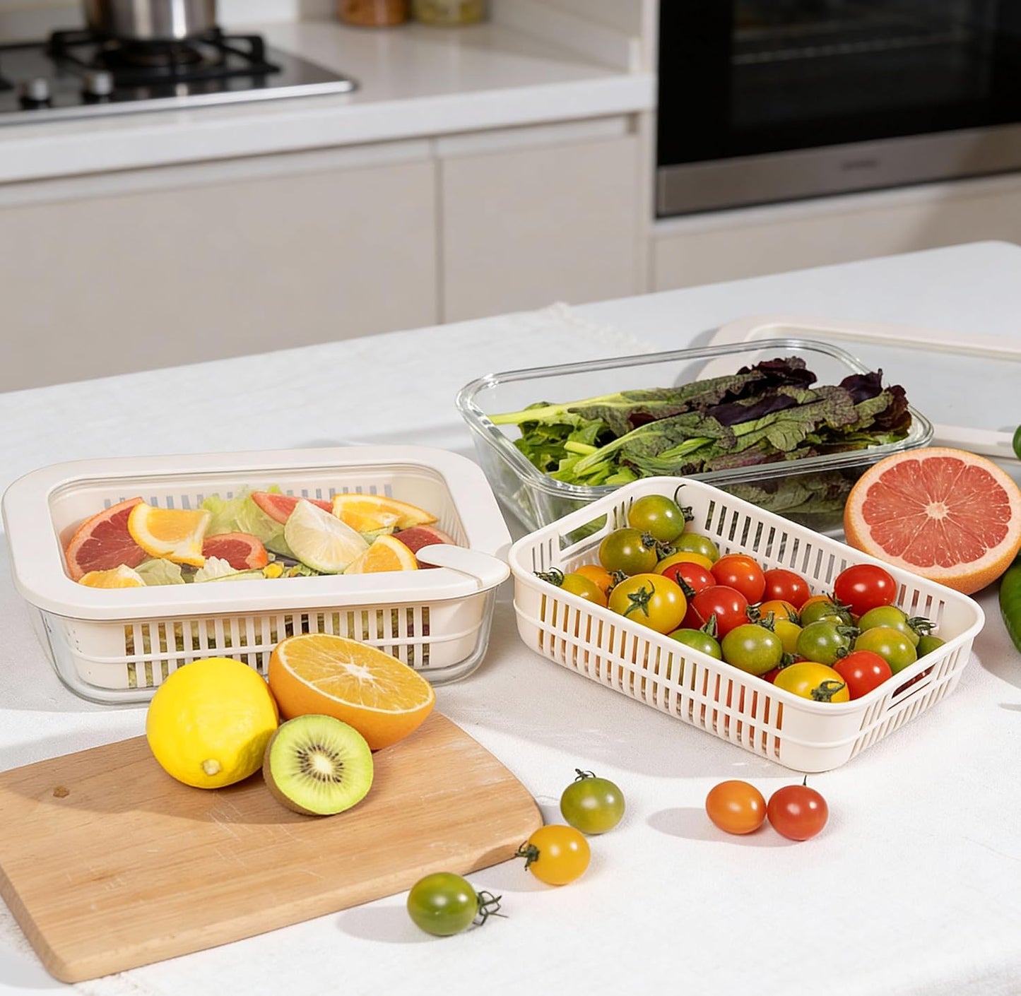 Glass Food Storage Containers with Glass Lids, Microwave Safe Food Container Set, Aitight Meal Prep Container Set, BPA Free, 2 extra Colanders, LeakProof, 2 Pack of 60oz