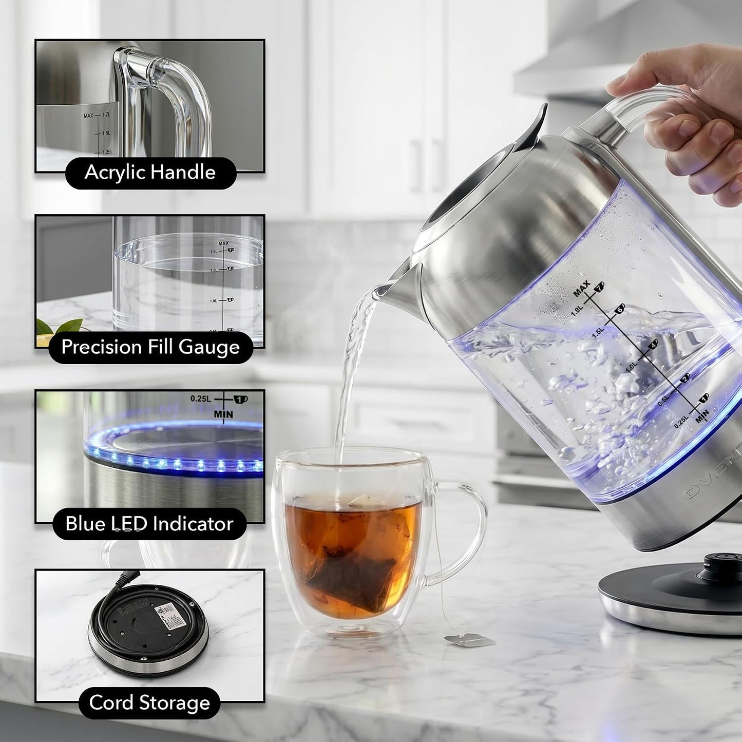 OVENTE 1.7L Double Wall Glass Electric Kettle Water Boiler, Silver KG912S | 1500W Fast Boiling, Easy Fill Lid, Borosilicate Glass, Cool-Touch Design, Blue LED, Auto Shut-Off, Boil-Dry Protection