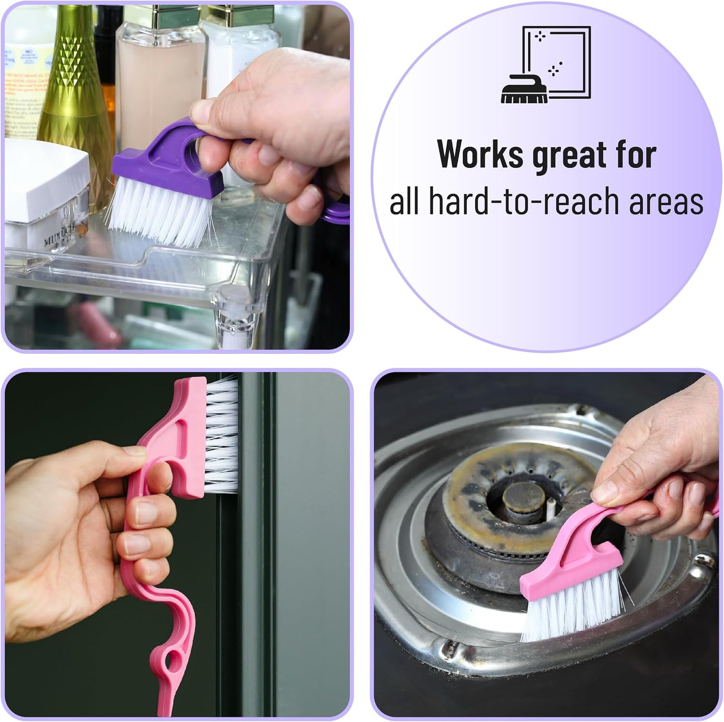 Slick- Window Track Cleaning Brush, 2 Pack, Yellow/Purple Ergonomic Handle, Built-in Scraper, Multipurpose, Window Track Cleaning Tools