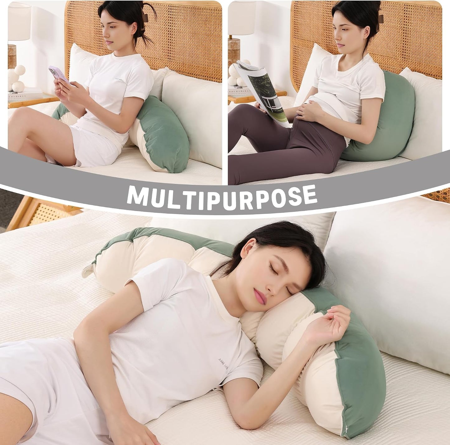 Peallow(Pat. Pend) – Long Round Body Pillow for Adults, Bolster Pillow for Sleeping, Soft and Supportive Pillow for Sleeping & Lumbar Support (Green-White, 29.5")