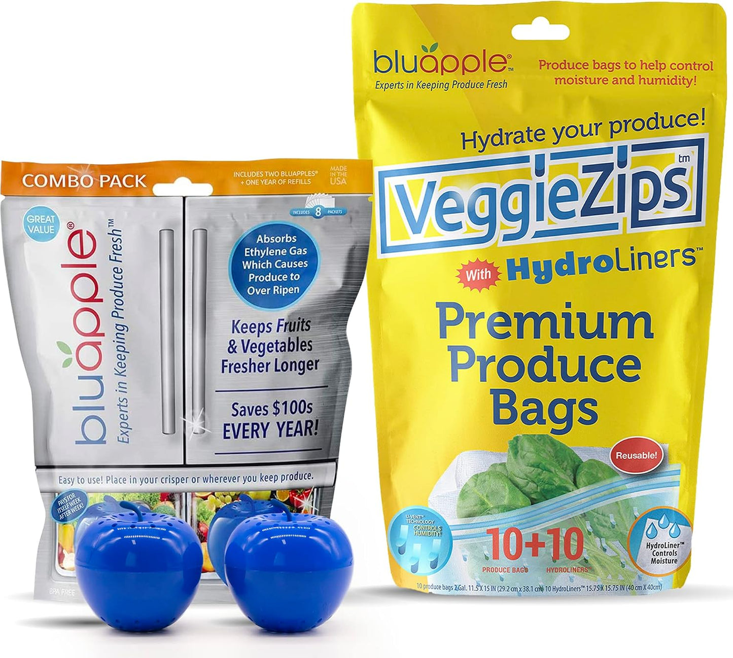 Bluapple Produce Saver Ethylene Gas Absorber - Fresh Fruit & Vegetable Storage for Refrigerator Crisper, Shelves & Fruit Bowls, Produce Keeper, Fruit Saver, Kitchen Must Haves, BPA-Free - 2-Pack