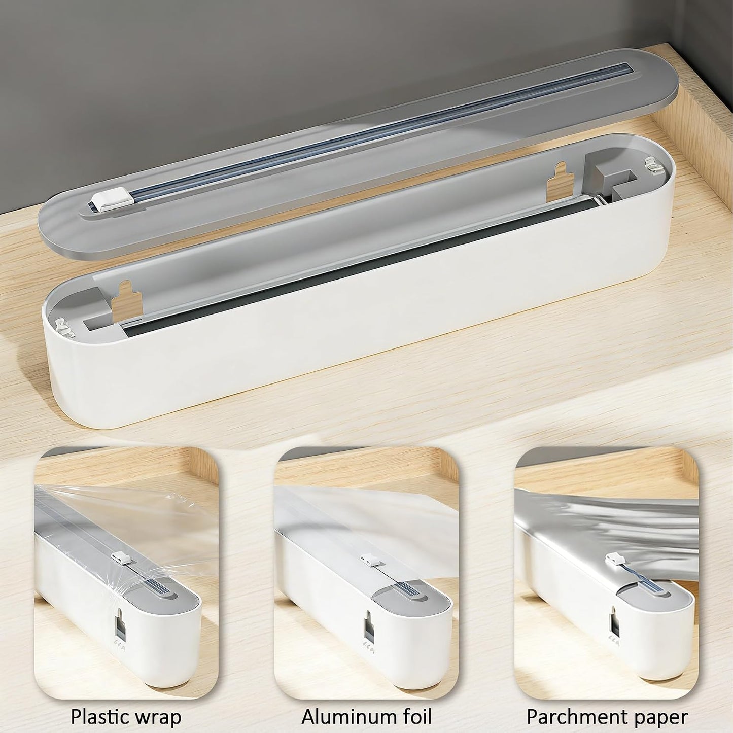 Plastic Wrap Dispenser with Cutter, Gray and White, 15 Inch, Traceless Adhesive Mount, Kitchen Food Storage