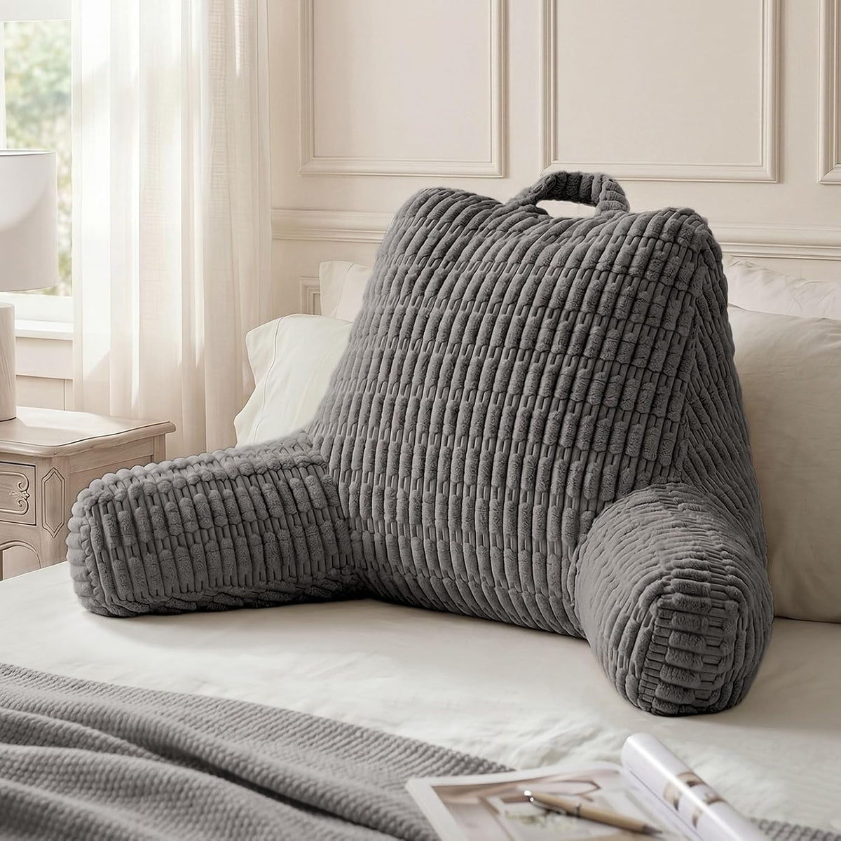 Blissful Diary Reading Pillow, Backrest Pillow with Shredded Memory Foam for Adult & Children, Designed for Bed and Couch Sitting Up, Includes Arms, Pockets and Washable Cover, Off White