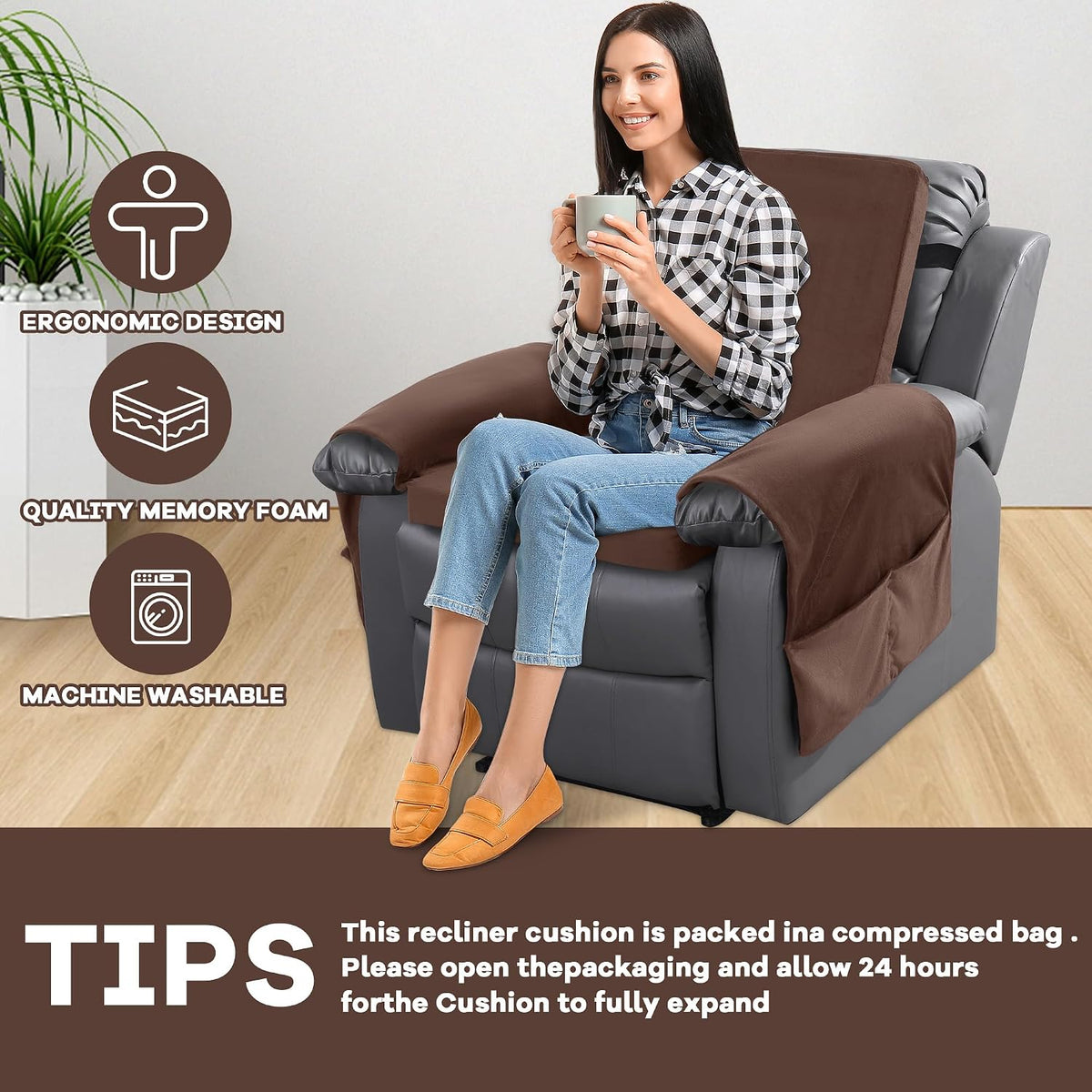HOMBYS Recliner Chair Cushion for Elderly with Lumbar Support Pillow & Recliner Armrest Cover, 20"x20" Memory Foam Seat Cushion Non-Slip & Supportive, Machine Washable, Brown