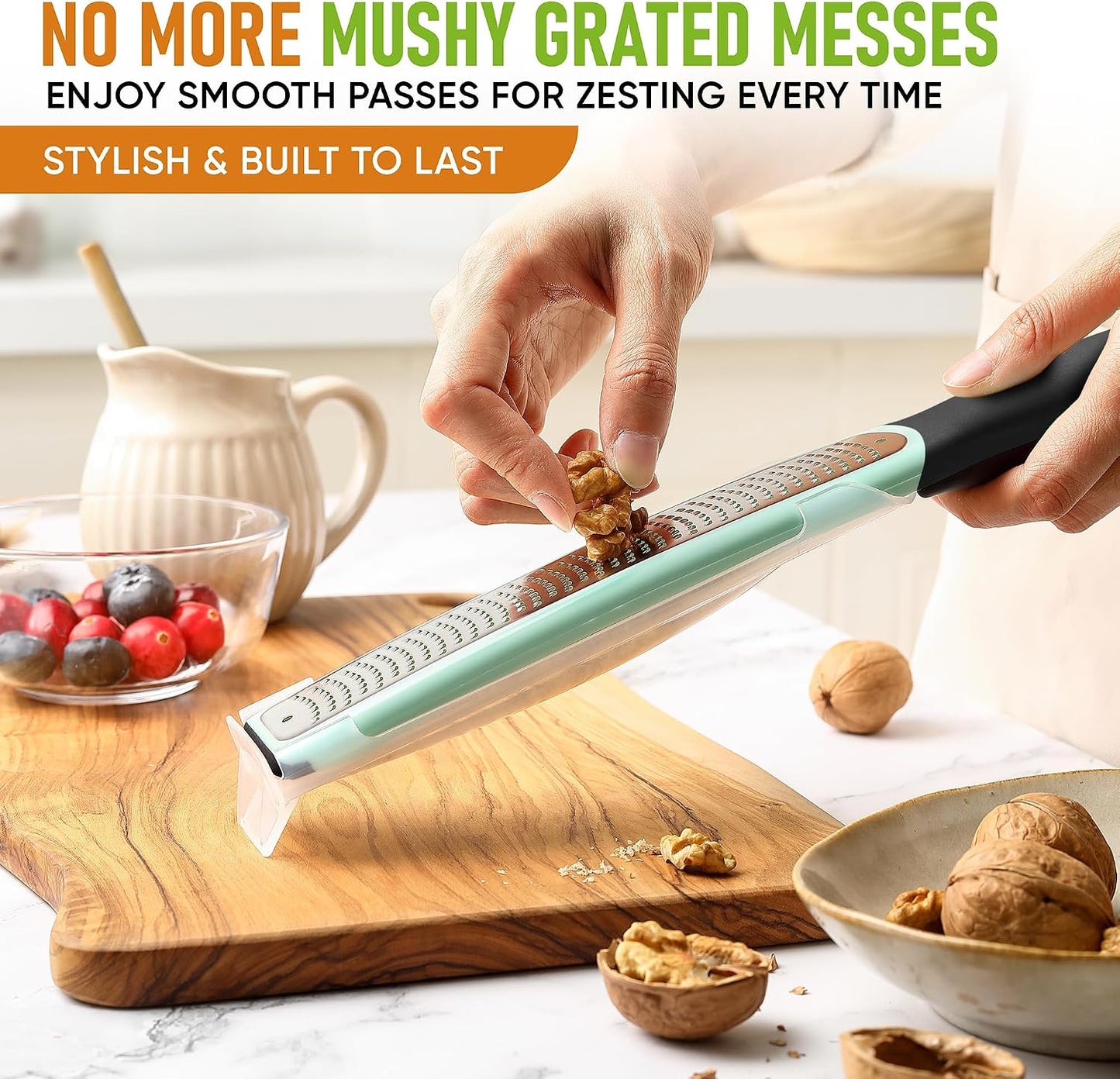 Spring Chef Stainless Steel Lemon Zester - Garlic & Ginger Grater - Gray | Premium Zester with Blade Cover, Cheese Grater with Handle for Parmesan, Nutmeg, Lime - Durable Citrus Zester, Fine Shred
