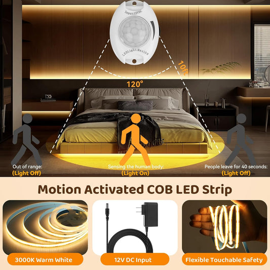 Under Bed Lights Motion Sensor COB Strip, 2-Packs 6.56Ft Warm White