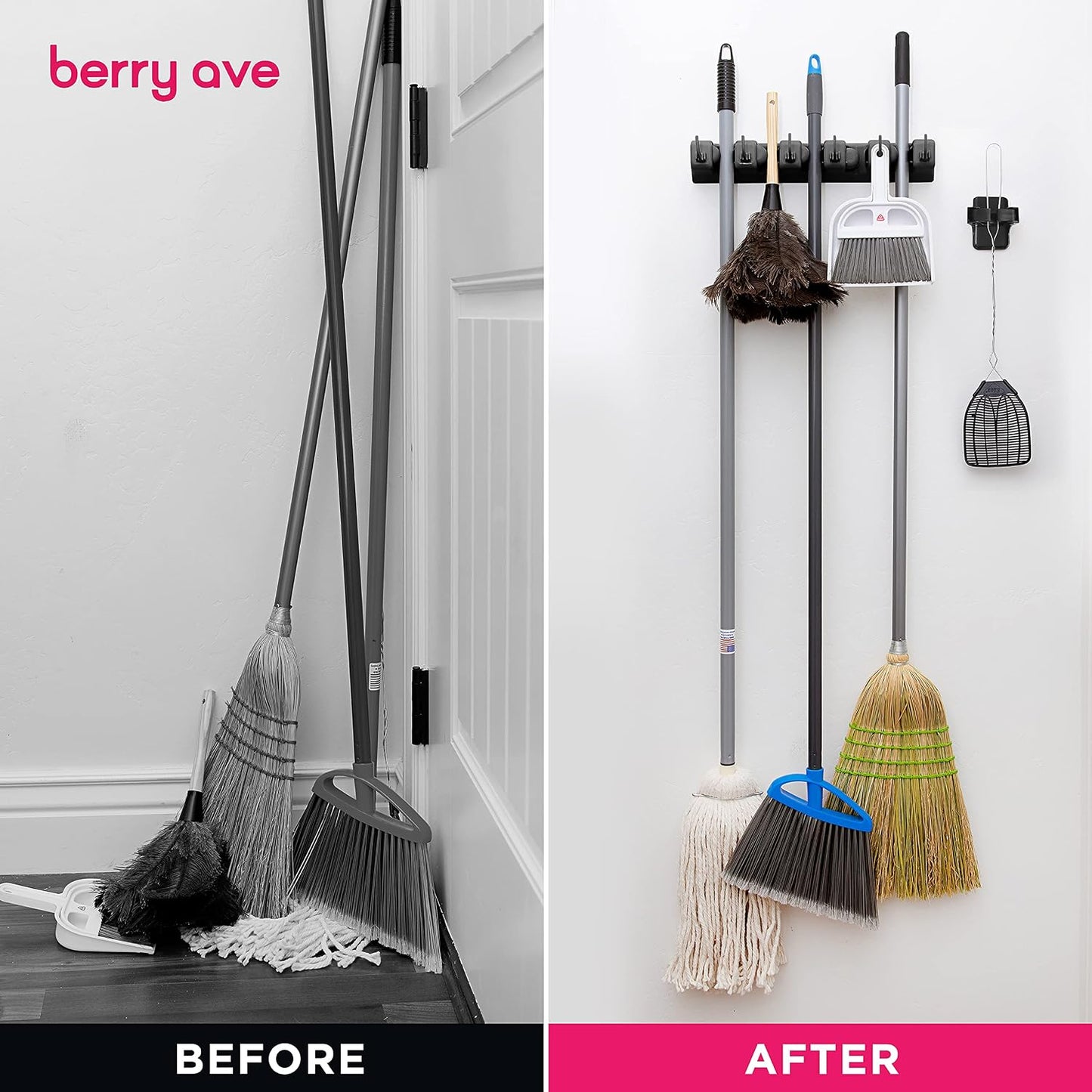 Broom Holder Wall Mount, Broom and Mop Organizer Wall Hanging Rack & Hanger | (Black) Broom Hanger Wall Mount, Mop and Broom Holder Wall Mount, Mop Holder, Hanger for Brooms and Mops, 5 Slots 6 Hooks