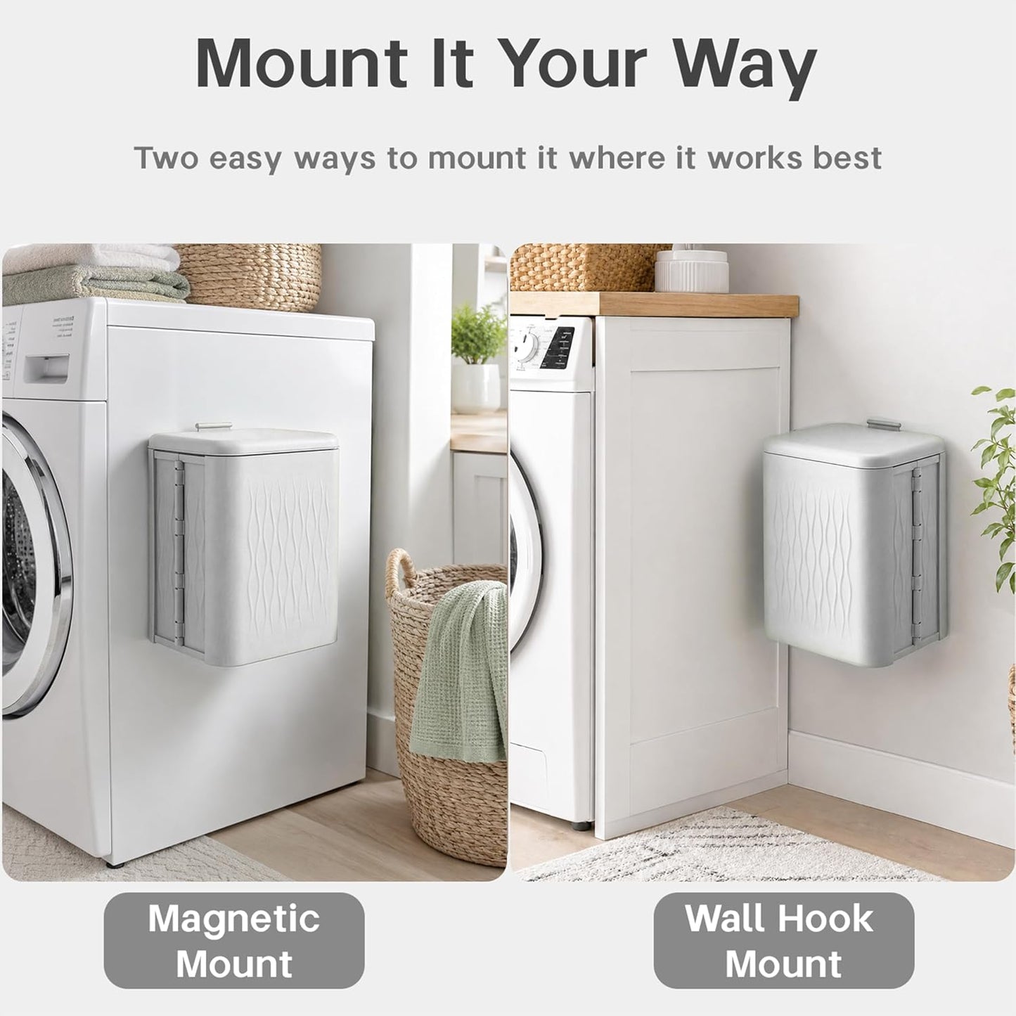 Magnetic Lint Bin for Laundry Room, 3.2 Gallon Extra Large Foldable Lint Trash Can with Lid and Dryer Lint Brush, Wall Mounted Lint Holder for Dryer Sheets, Laundry Organization, White