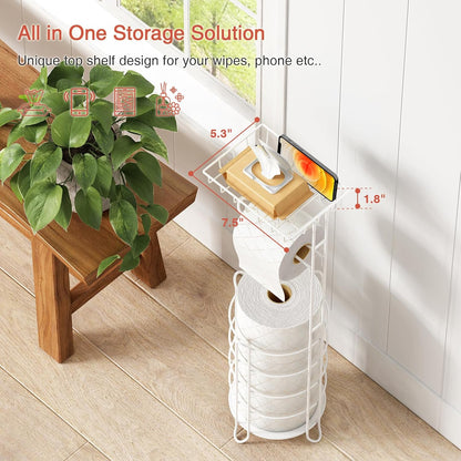 Goozii Gold Free Standing Toilet Paper Holder Stand with Phone Shelf, Floor Bathroom Tissue Holder for Large Mega Rolls, Metal Freestanding Toilet Paper Roll Holder with Wipes Storage Tray