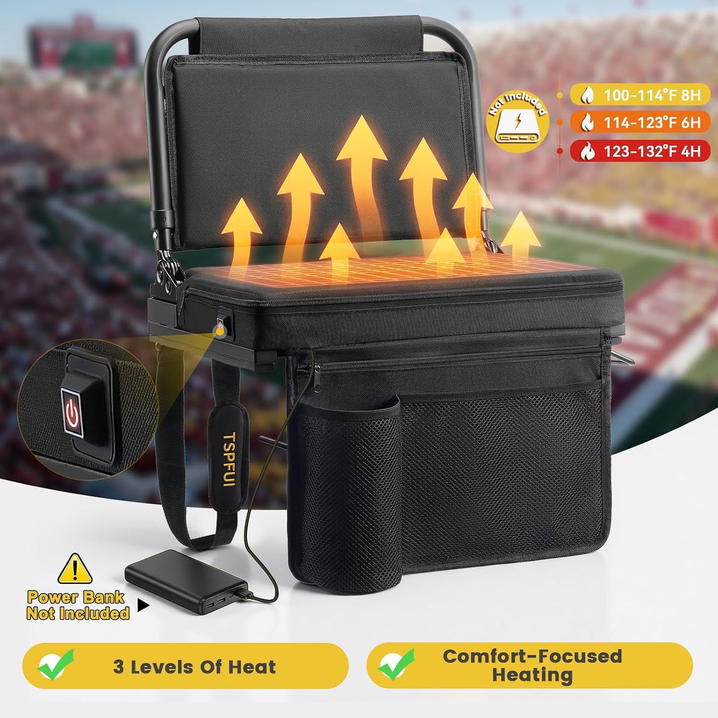 Heated Stadium Seat, Folding Chair with Back Support for Bleachers | 5-Position Adjustable Backrest, 16.5" Wide Seat, USB Heating Pad (Power Bank NOT Included), Supports 330 lbs, Carry Strap