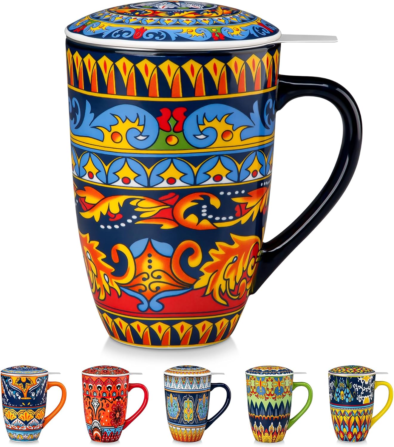 vancasso 18 Oz Tea Infuser Mug with Lid, Mint Petal Whirl | Eye catching Bohemian pattern, adds charm to any tea corner, ceramic mug with infuser, microwave and dishwasher safe
