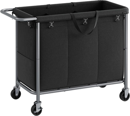 SONGMICS Laundry Basket with Wheels, 4-Section Rolling Laundry Hamper, 68.6 Gallons (260 L), Removable Liner, Steel Frame with Handle, 43.3 x 15.4 x 31.9 Inches, Cream White URLS014W01
