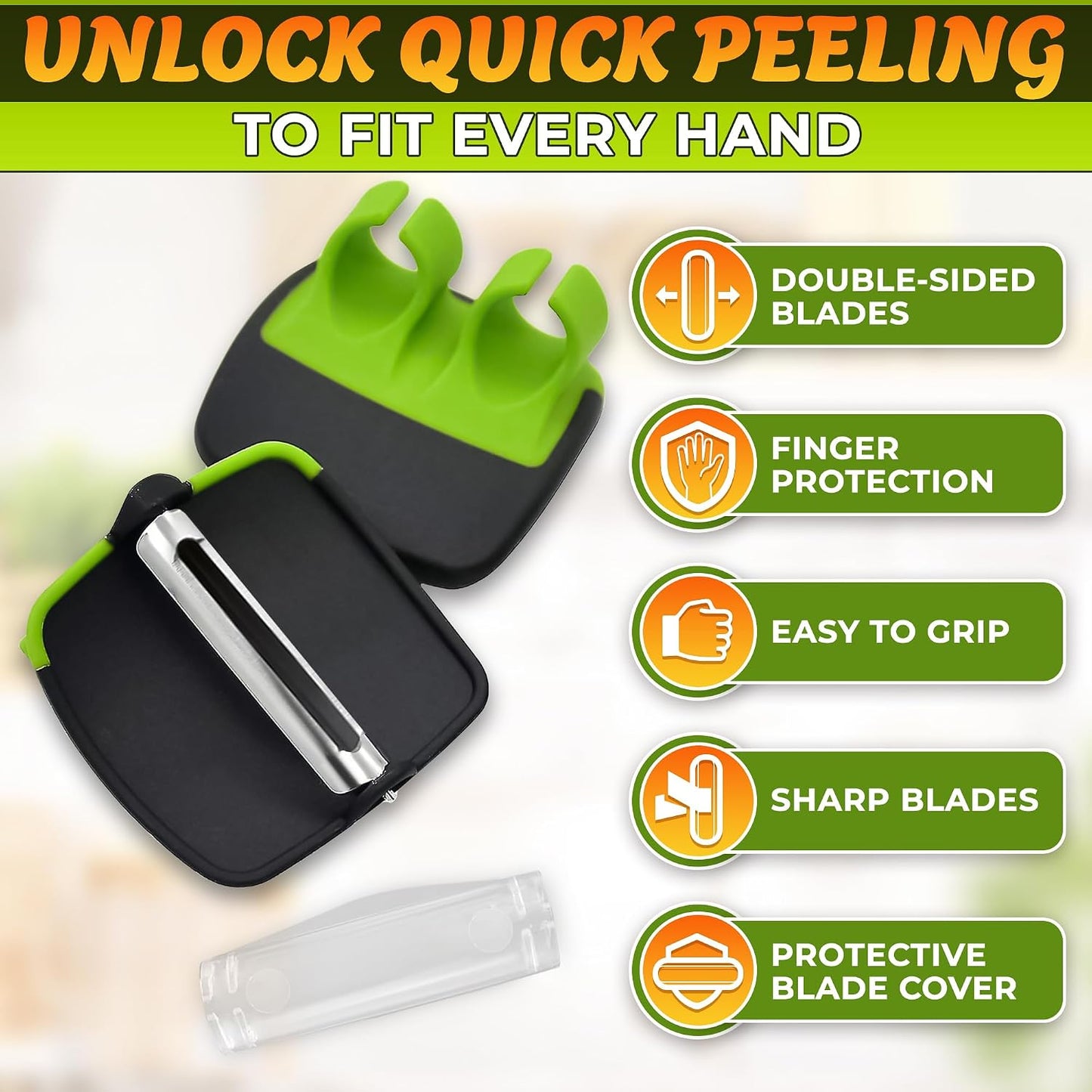 Palm Peeler for Vegetables with Double-Sided Stainless Steel Blades | Finger Potato Peeler for Kitchen, Suitable for Carrot and Fruits, Silicone Body, Non-Slip Grip, Blade Cover, Dishwasher Safe