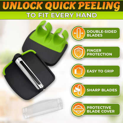Palm Peeler for Vegetables with Double-Sided Stainless Steel Blades | Finger Potato Peeler for Kitchen, Suitable for Carrot and Fruits, Silicone Body, Non-Slip Grip, Blade Cover, Dishwasher Safe
