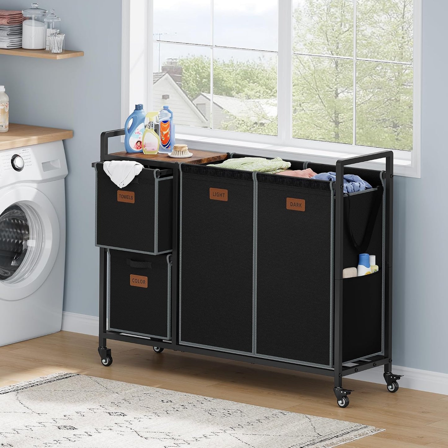 Hoctieon 4 Section Laundry Cart, 52.8 Gal. (200L) Laundry Hamper with Lid, Laundry Basket with Wheels, Rolling Laundry Sorter Organizer with Shelf, Clothes Separator with Removable Bags, Black