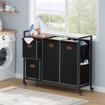 Hoctieon 4 Section Laundry Cart, 52.8 Gal. (200L) Laundry Hamper with Lid, Laundry Basket with Wheels, Rolling Laundry Sorter Organizer with Shelf, Clothes Separator with Removable Bags, Black