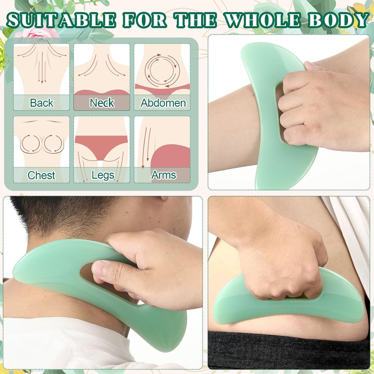 BBTO Gua Sha Massage Tool with Handle Resin Massage Tools Lymphatic Drainage Massager Body Shaping Gua Sha Tools for Full Body Men Women Birthday Festival Holiday Present (Light Green)