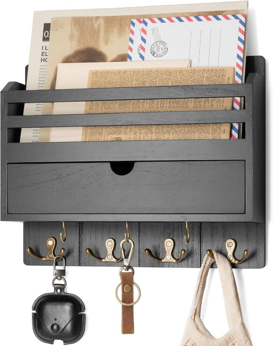 Rebee Vision Mail Organizer Wall Mount with Hooks for Entryway, Retro Brown | Key and Mail Holder for Wall, Storage Drawer, 7 Key Hooks, Mail Organizer, Rustic Home Decor, Office and Garage Organization
