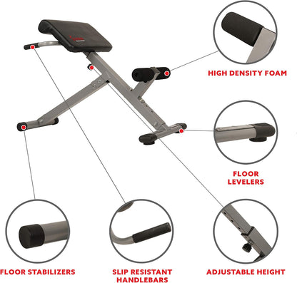 Sunny Health & Fitness Multi-Function Roman Chair | Adjustable Height, Folds Flat for Storage, Built in Dip Station, Targets Back, Abs & Core, Crunches & Back Extensions