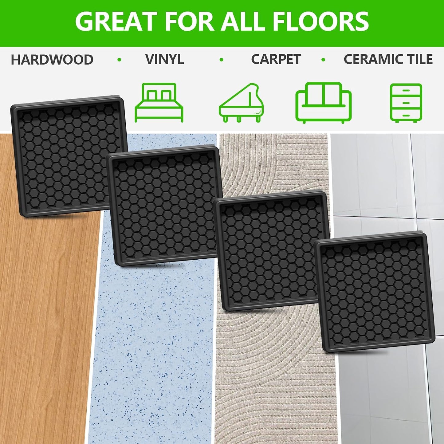 Non Slip Furniture Pads for Hardwood Floors - 12PCS 2" Caster Cups, Round | Furniture Stoppers to Prevent Sliding, Anti Slip Furniture Coasters Cup, Floor Protectors for Furniture Bed Couch Chair,Black