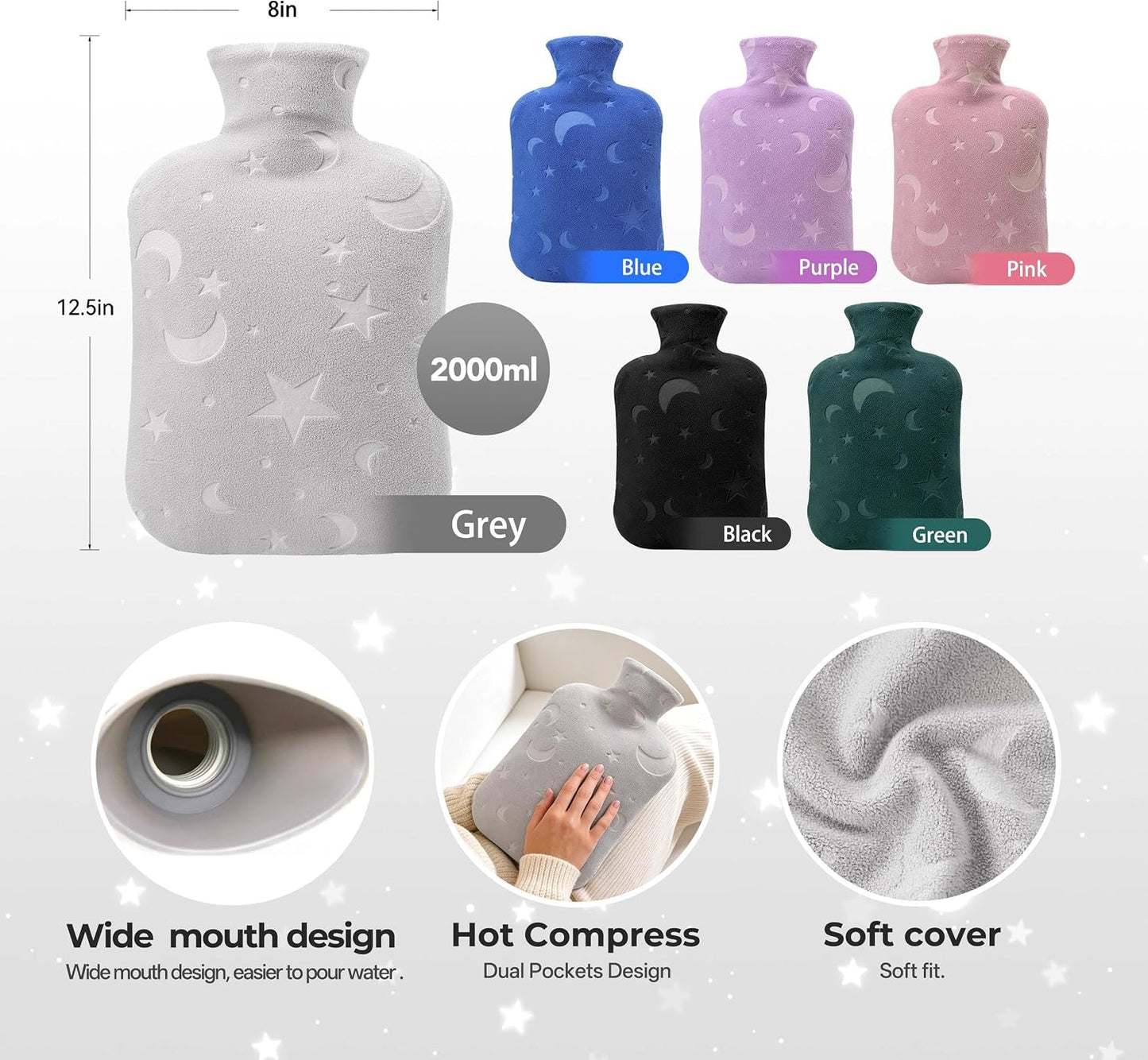 Hot Water Bottle with Soft Cover, 2L Hot Water Bag for Menstrual Cramps, Neck and Shoulder Pain Relief, Hot and Cold Therapies, Hand Feet Warmer, Blue