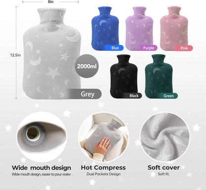 Hot Water Bottle with Soft Cover, 2L Hot Water Bag for Menstrual Cramps, Neck and Shoulder Pain Relief, Hot and Cold Therapies, Hand Feet Warmer, Blue