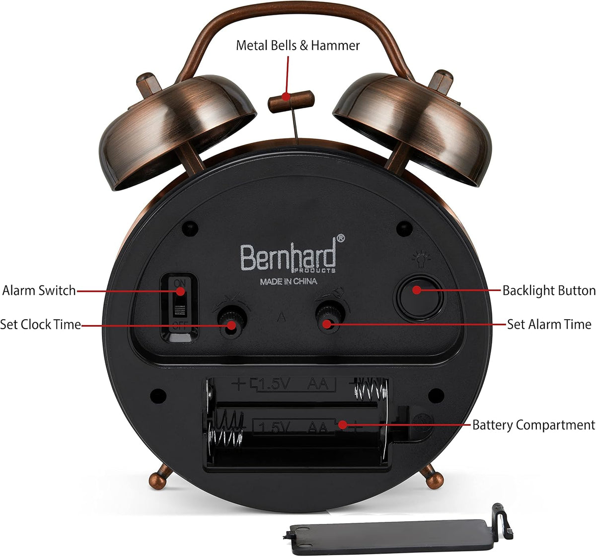 Bernhard Products Analog Alarm Clock 4" Twin Bell Vintage Navy Blue Silent Non-Ticking Quartz Battery Operated Extra Loud with Backlight for Bedside Table Desk, Retro Old Fashioned for Heavy Sleepers