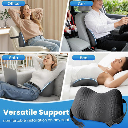 Lumbar Support Pillow, Memory Foam Back Cushion for Office Chair Car, Black | Ergonomic Lower Back Support with Adjustable Strap, Breathable Removable Cover for Couch, Wheelchair and Daily Comfort