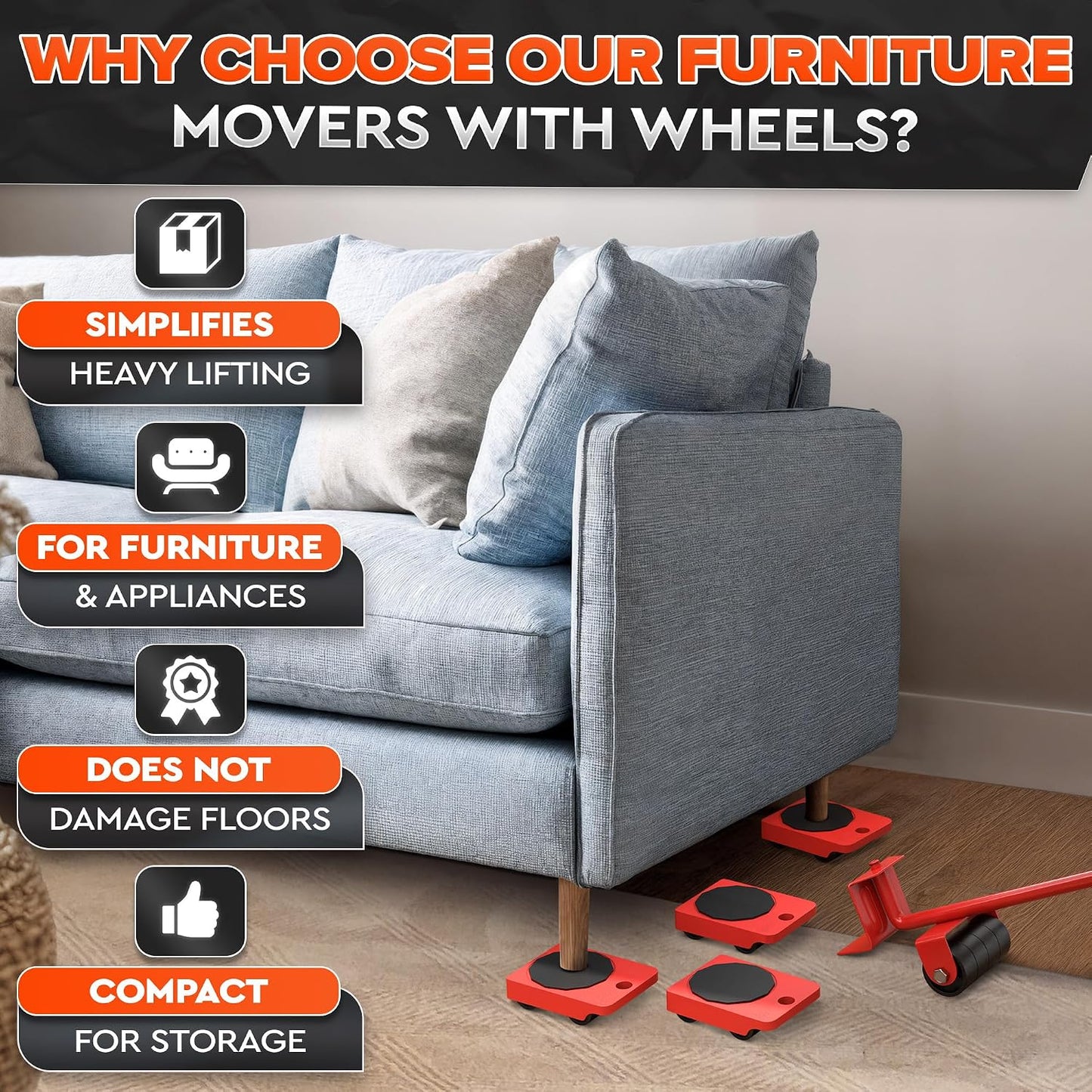 Furniture Movers with Wheels, Up to 220 Lbs Lifter with 4 Sliders | Furniture Lifting Tool Set; 11.9 In Steel Lever; ABS Rollers; for Sofas, Beds & Dressers; Hard Floors Only, Not for Carpet