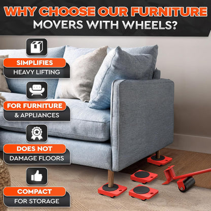 Furniture Movers with Wheels, Up to 220 Lbs Lifter with 4 Sliders | Furniture Lifting Tool Set; 11.9 In Steel Lever; ABS Rollers; for Sofas, Beds & Dressers; Hard Floors Only, Not for Carpet