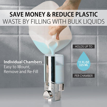 Better Living Aviva Wall Mount Shower Dispenser, 3 x 11 oz, Satin Silver | 3 Chamber, Shower Dispenser for Bathroom, Built-in Hooks, No Drill, Waterproof Dispenser Pump