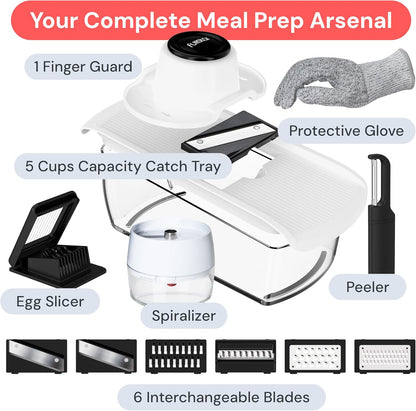 Fullstar Pro Mandoline Vegetable Slicer, Grater & Spiralizer with Container | 6 in 1 Fruit Cutter, Cheese Grater & Spiralizer with Safety Gloves, Stainless Steel Blades & Container (Black)