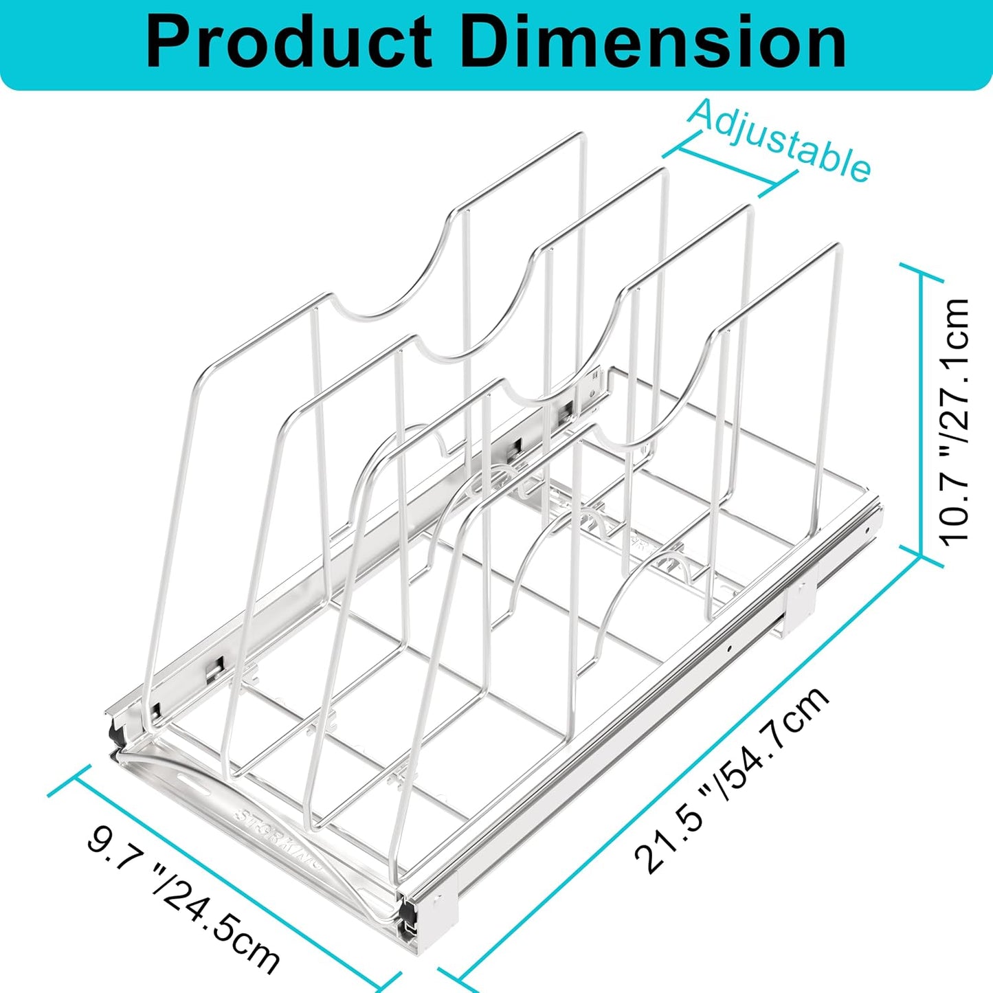 Pull Out Cookie Sheet Organizer, 10" W x 22" D x 11" H, Chrome | For Cabinet, Pan and Pot, Cutting Board, Bakeware, Tray Organizer Rack, Sliding Rack- Heavy Duty, Adjustable Divider Width