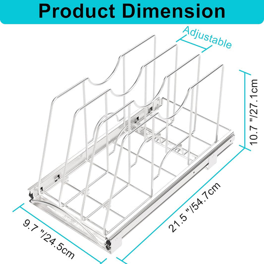 Pull Out Cookie Sheet Organizer, 10" W x 22" D x 11" H, Chrome | For Cabinet, Pan and Pot, Cutting Board, Bakeware, Tray Organizer Rack, Sliding Rack- Heavy Duty, Adjustable Divider Width