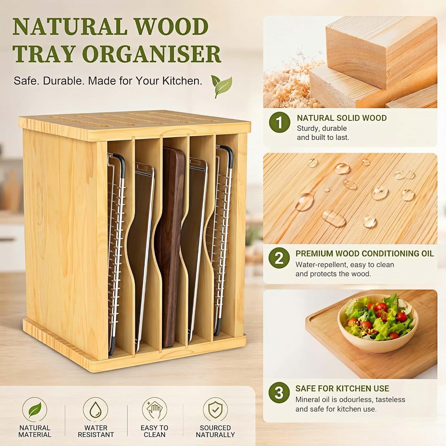 6 Tier Cookie Sheet Pan Organizer for Kitchen Cabinet | Sturdy Natural Solid Wood, Easy Assembly, Vertical Tray Divider for Baking Sheets, Platters, Cutting Boards