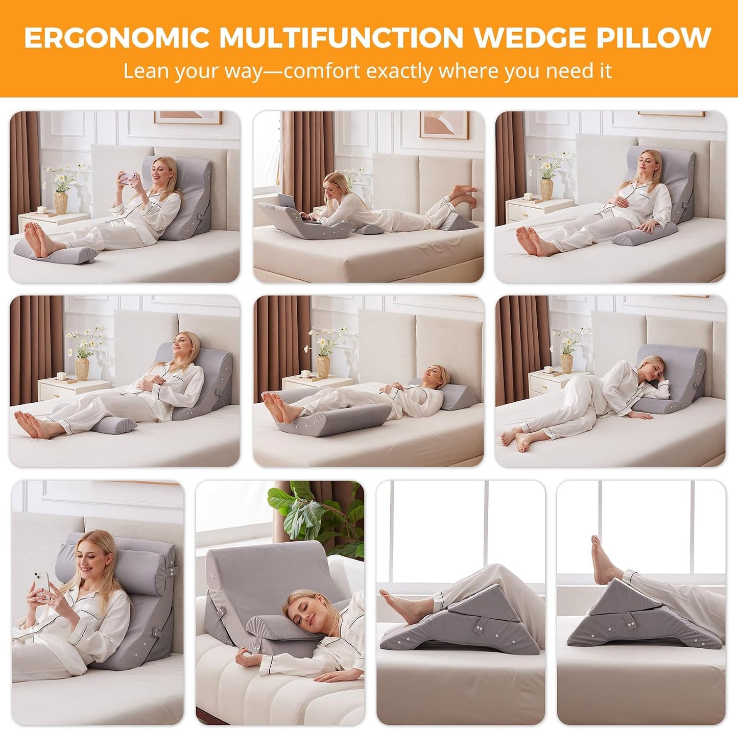 Ruqmuis 3PCS Wedge Pillow Set for After Surgery, Adjustable Back Pillow for Bed Sitting up, Acid Reflux, Bed Wedge Pillow Headboard for Sleeping & Snoring, Orthopedic Pillow for Post Surgery, White